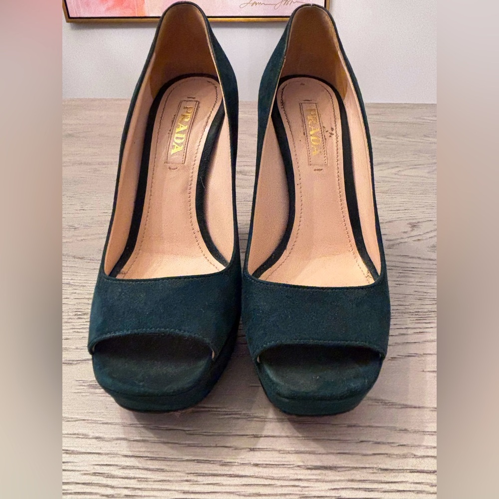 Prada Hunter Green Suede Open Peep Toe Platform Hell Size 6.5 - Picture 4 of 8